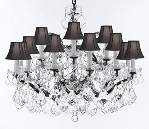 19th C. Baroque Iron & Crystal Chandelier Lighting H 22" x W 30" - Dressed With Large, Luxe Crystals! Good for Dining room, Foyer, Entryway, Living Room, Bedroom! w/ Black Shades - G93-BLACKSHADES/B62/B89/995/18DC