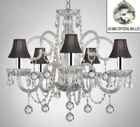 CRYSTAL CHANDELIER WITH BLACK SHADES & CRYSTAL BALLS W/CHROME SLEEVES! - A46-B43/B6/BLACKSHADES/385/5