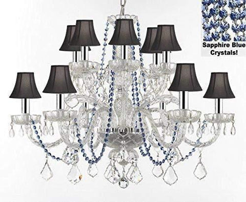 AUTHENTIC ALL CRYSTAL CHANDELIER CHANDELIERS LIGHTING WITH SAPPHIRE BLUE CRYSTALS AND BLACK SHADES! PERFECT FOR LIVING ROOM, DINING ROOM, KITCHEN W/CHROME SLEEVES! H32" W27" - F46-B43/B82/BLACKSHADES/385/6+6