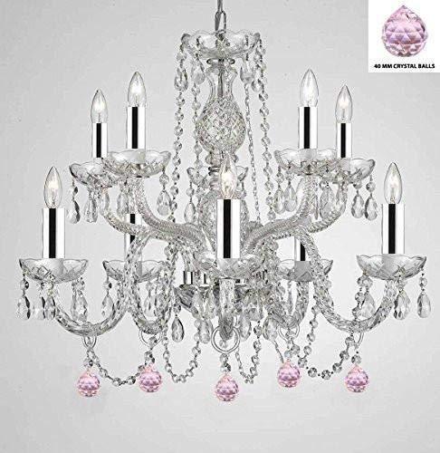 Empress Crystal (Tm) Chandelier Chandeliers Lighting with Pink Color Crystal Balls w/Chrome Sleeves! Swag Plug in-Chandelier W/ 14' Feet of Hanging Chain and Wire! - G46-B43/B15/B76/1122/5+5