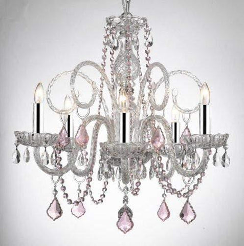 CRYSTAL CHANDELIER CHANDELIERS LIGHTING WITH PINK COLOR CRYSTAL W/CHROME SLEEVES! - A46-B43/PINKB2/385/5