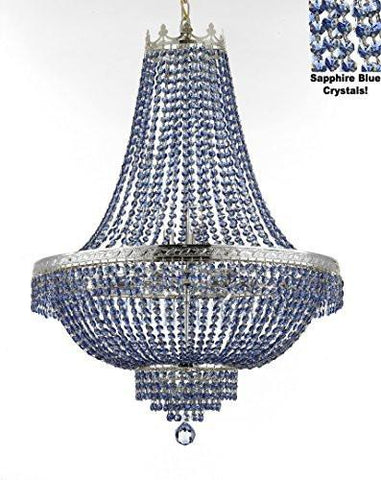 French Empire Crystal Chandelier Lighting - Dressed With Sapphire Blue Color Crystals Great For A Dining Room Entryway Foyer Living Room H36" X W30" - F93-B82/Cs/870/14