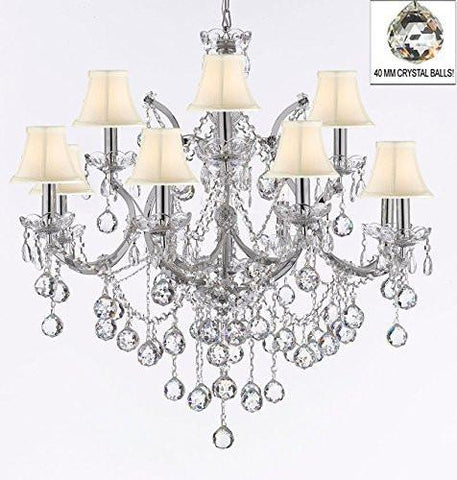 Maria Theresa Chandelier Lighting Empress Crystal (Tm) Chandeliers H 30" X W 28" Chrome Finish Dressed With Crystal Balls With White Shades - J10-Sc/Whiteshade/B6/Chrome/26049/12+1