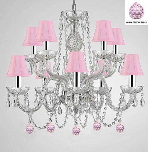 Empress Crystal (tm) Chandelier Chandeliers Lighting with Pink Crystal Balls and Pink Shades w/Chrome Sleeves! - G46-B43/B76/SC/1122/5+5-Pink Shades