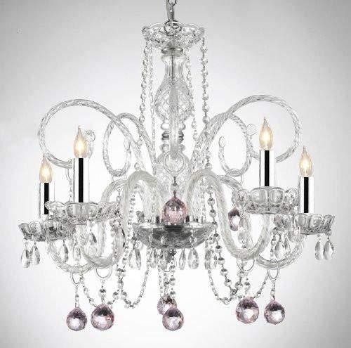 CRYSTAL CHANDELIER CHANDELIERS LIGHTING WITH PINK CRYSTAL BALLS! W/CHROME SLEEVES! - A46-B43/B3/385/5 - PINK BALLS