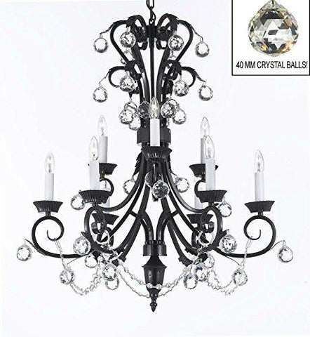 Foyer / Entryway Wrought Iron Empress Crystal (Tm) Chandelier 30" Inches Tall With Crystal Balls H 30" X W 26" - A84-B6/724/6+3