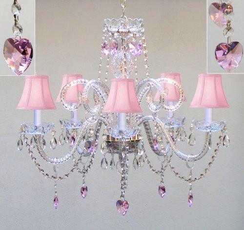 Chandelier Lighting W/ Crystal Pink Shades & Hearts H25" X W24" Swag Plug In-Chandelier W/ 14' Feet Of Hanging Chain And Wire - Perfect For Kid'S And Girls Bedroom - A46-B15/Pinkshades/387/5/Pinkhearts
