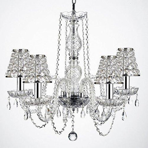 Empress Crystal (Tm) Wrought Iron Chandelier Lighting H25" W24" With Crystal Shades And Chrome Sleeves Swag Plug In-Chandelier W/ 14' Feet Of Hanging Chain And Wire - G46-B15/B32/B43/384/5