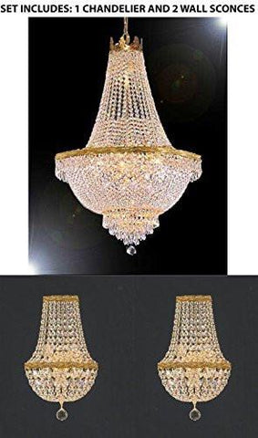 Set Of 3 - 1 Swarovski Crystal Trimmed Chandelier Empire Chandelier Lighting H 30" X W 24" And 2 Swarovski Crystal Trimmed Chandelier Empire Crystal Wall Sconce Lighting W 9.5" H 18" D 5" - 1Ea-870/9 + 2Ea-Wallsconce/Cg/4/5-Sw