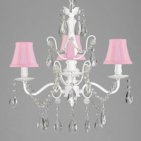 Wrought Iron and Crystal 4 Light White Chandelier H 14" X W 15" Pendant Fixture Lighting Hardwire and Plug In with Shades - J10-SC/SCL-01490CW/PINK