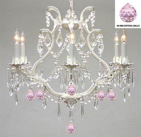 Wrought Iron & Crystal Chandelier Authentic Empress Crystal(Tm) Chandelier Lighting Chandeliers With Pink Balls Nursery Kids Girls Bedrooms Kitchen Etc. - A83-White/B76/3530/6
