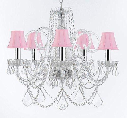 Murano Venetian Style Chandelier Crystal Lights Fixture Pendant Ceiling Lamp for Dining Room, Living Room with Large, Luxe, Diamond Cut Crystals w/Chrome Sleeves! H25" X W24" w/Pink Shades - A46-B43/CS/PINKSHADES/B94/B89/385/5DC