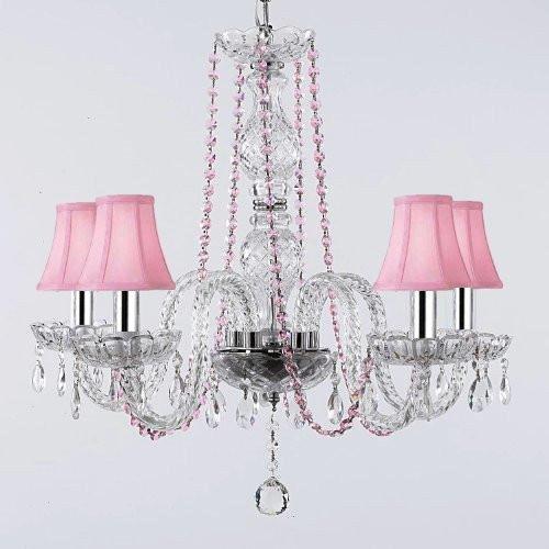 CRYSTAL CHANDELIER CHANDELIERS LIGHTING WITH PINK COLOR CRYSTAL AND SHADES W/CHROME SLEEVES! - A46-B43/PINKB1/PINKSHADES/384/5