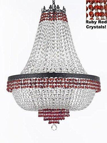 French Empire Crystal Chandelier Chandeliers Lighting Trimmed with Ruby Red Crystal With Dark Antique Finish! H36" X W30" Good for Dining Room, Foyer, Entryway, Family Room and More! - F93-B74/CB/870/14