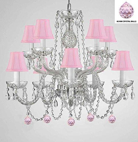 Empress Crystal (Tm) Chandelier Chandeliers Lighting With Pink Color Crystal Balls And Pink Shades Swag Plug In-Chandelier W/ 14' Feet Of Hanging Chain And Wire - G46-B15/B76/Sc/1122/5+5-Pink Shades