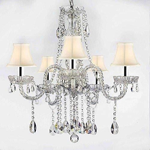 Authentic All Crystal Chandeliers Lighting Empress Crystal (TM) Chandeliers with White Shades W/Chrome Sleeves H27" X W24" - G46-B43/WHITESHADES/B14/384/5