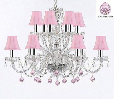 Murano Venetian Style All Empress Crystal (Tm) Chandelier! With Pink Balls and Shades w/Chrome Sleeves! - A46-B43/B76/SC/Pinkshades/385/6+6
