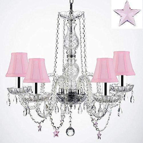 Authentic Empress Crystal(TM) Chandelier Lighting Chandeliers with Crystal Stars! H25" X W24" - Nursery, Kids, Girls Bedrooms, Kitchen, Etc with Pink Shades w/Chrome Sleeves! - G46-B43/PINKSHADES/B38/384/5