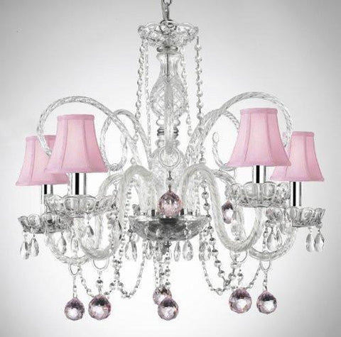 CRYSTAL CHANDELIER CHANDELIERS LIGHTING WITH PINK SHADES AND PINK CRYSTAL BALLS W/CHROME SLEEVES! - A46-B43/SC/B3/385/5 - PINK BALLS&SHADES