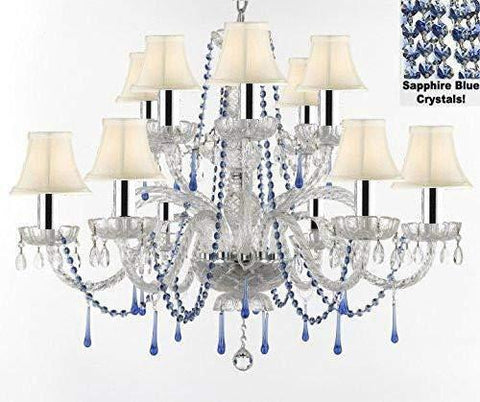 AUTHENTIC ALL CRYSTAL CHANDELIER CHANDELIERS LIGHTING WITH SAPPHIRE BLUE CRYSTALS AND WHITE SHADES! PERFECT FOR LIVING ROOM, DINING ROOM, KITCHEN W/CHROME SLEEVES! H32" W27" - A46-B43/B82/WHITESHADES/387/6+6