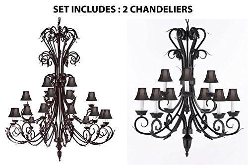Set Of 2 - 1-Wrought Iron Chandelier 50" Inches Tall With Black Shades H50" X W30" And 1-Wrought Iron Chandelier With Black Shades H 30" W 26" 9 Lights - 1Ea-Sc/724/24+1Ea-Sc/724/6+3-Blkshd