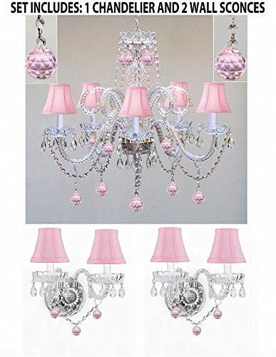 Three Piece Lighting Set - Crystal Chandelier And 2 Wall Sconces W/ Pink Crystal Balls And Pink Shades - Pnkshd/B76/387/5+2Ea Pnkshd/B76/2/386