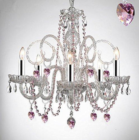 Empress Crystal (Tm) Chandelier Chandeliers Lighting with Pink Color Crystal Hearts! Swag Plug In-chandelier w/14' Feet of Hanging Chain and Wire w/Chrome Sleeves PERFECT FOR KID'S AND GIRLS BEDROOM! - A46-B43/B15/B41/385/5