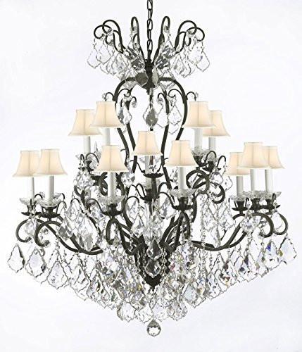 Wrought Iron Empress Crystal (Tm) Chandelier Lighting With White Shades W38" H44" - F83-Whiteshades/556/16