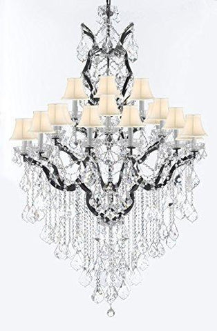 19th C. Baroque Iron & Crystal Chandelier Lighting H 64" W 41" - Dressed With Large, Luxe Crystals! Good for Dining room, Foyer, Entryway, Living Room, Family Room! w/ White Shades - G83-B12/B89/996/25DC-WhiteShades