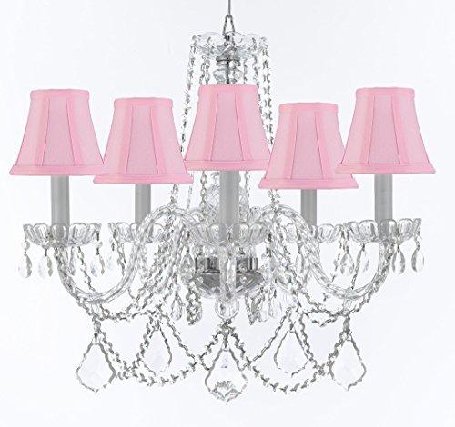 Swarovski Crystal Trimmed Murano Venetian Style Chandelier Crystal Lights Fixture Pendant Ceiling Lamp for Dining Room, Entryway , Living Room w/Large, Luxe Crystals! H25" X W24" w/ Pink Shades - A46-PINKSHADES/B94/B89/384/5SW