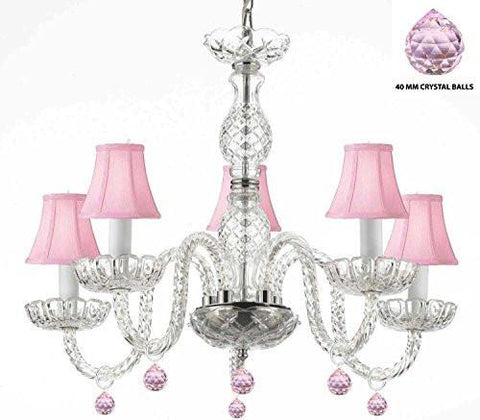 Murano Venetian Style Chandelier Lighting With Pink Crystal Balls And Pink Shades H 25" W 24" - Perfect For Kid'S And Girls Bedrooms - G46-Pinkshades/B76/B11/384/5