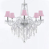 Murano Venetian Style All-Crystal Chandelier Chandeliers with Pink Shades W/Chrome Sleeves H38" X W32" - G46-B43/SC/PINKSHADES/B12/B67/385/6