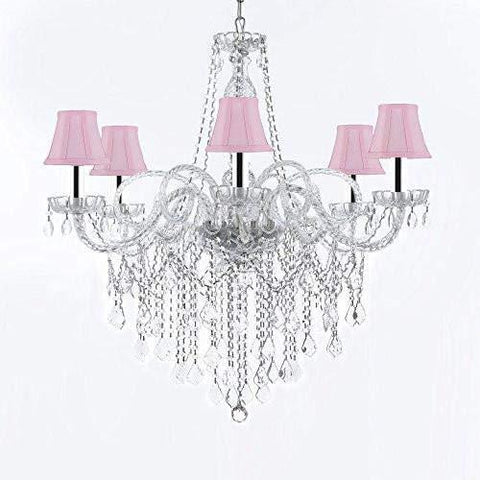 Murano Venetian Style All-Crystal Chandelier Chandeliers with Pink Shades W/Chrome Sleeves H38" X W32" - G46-B43/SC/PINKSHADES/B12/B67/385/6