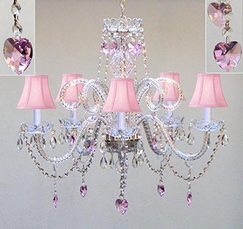 Swarovski Crystal Trimmed Chandelier Chandelier Lighting W/ Crystal Pink Shades & Hearts H25" X W24" - Perfect For Kid'S And Girls Bedroom - Go-A46-Pinkshades/387/5/Pinkhearts Sw
