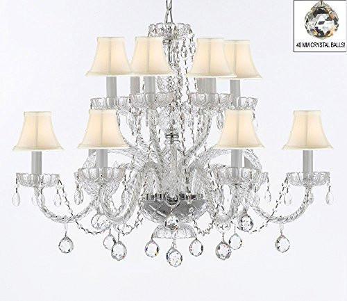 Murano Venetian Style All Empress Crystal (Tm) Chandelier With Crystal Balls And White Shades - A46-B6/Sc/Whiteshades/385/6+6