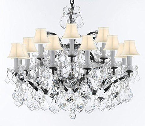 Swarovski Crystal Trimmed 19th C. Baroque Iron & Crystal Chandelier Lighting H 22" x W 30"-Dressed w/Large, Luxe Crystals! Good for Dining room, Foyer, Entryway, Living Room, Bedroom! w/ White Shades - G93-WHITESHADES/B62/B89/995/18SW