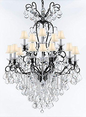 Wrought Iron Crystal Chandelier Lighting W38" H60" - Good for Entryway, Foyer, Living Room, Ballrooms, Catering Halls, Event Halls! w/ White Shades - F83-WHITESHADES/B12/556/16