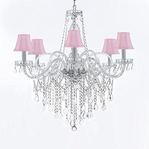 Murano Venetian Style All-Crystal Chandelier With Pink Shades H38" X W32" - G46-Sc/Pinkshades/B12/B67/385/6