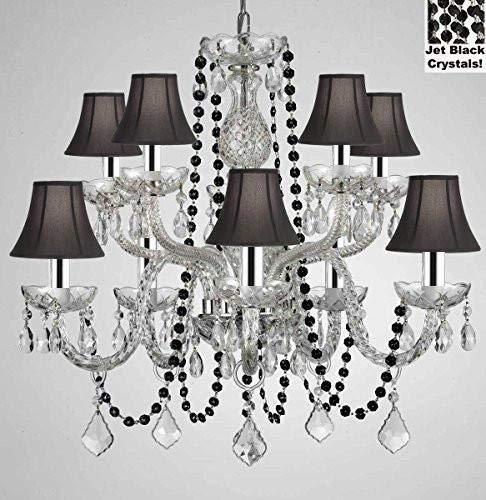 Authentic All Crystal Chandelier Chandeliers Lighting with Jet Black Crystals and Black Shades! Perfect for Living Room, Dining Room, Kitchen, Kid'S Bedroom W/Chrome Sleeves! H25" W24" - G46-B43/B80/CS/BLACKSHADES/1122/5+5