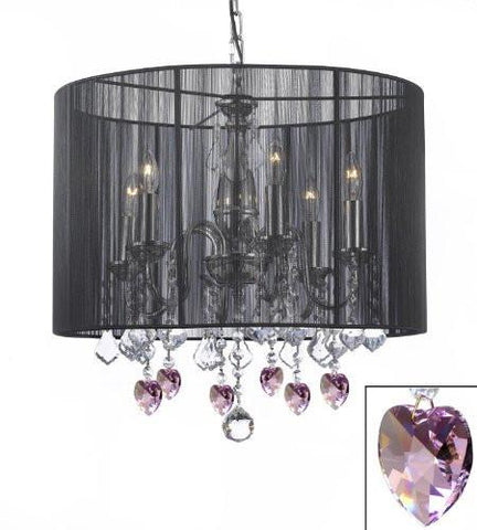Crystal Chandelier With Large Black Shade And Pink Crystal Hearts H 19.5" X W 18.5" - J10-B21/1124/6