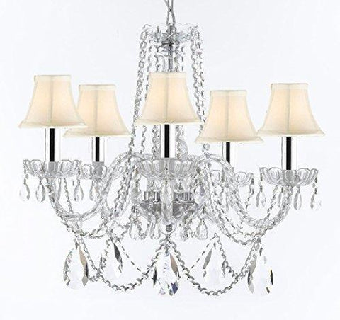 Swarovski Crystal Trimmed Murano Venetian Style Chandelier Crystal Lights Fixture Pendant Ceiling Lamp for Dining Room, Living Room w/Large, Luxe Crystals w/Chrome Sleeves! H25" X W24" w/White Shades - A46-B43/WHITESHADES/B93/B89/384/5SW