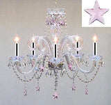 Swarovski Crystal Trimmed Chandelier! Crystal Chandelier Lighting with Pink Crystal Stars w/Chrome Sleeves H25" X W24" - Nursery, Kids, Girls Bedrooms, Kitchen, Etc! - GO-B43/A46-B38/387/5/PINK SW