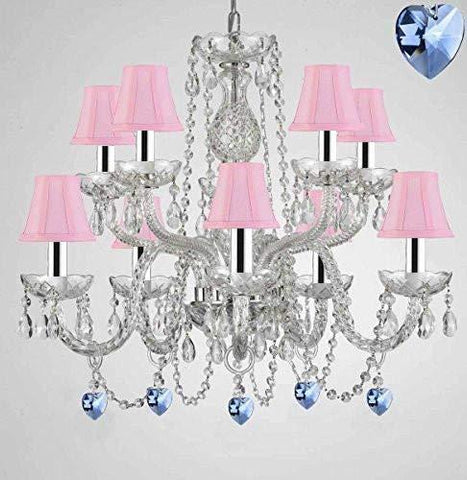 Empress Crystal (tm) Chandelier Chandeliers Lighting with Blue Color Crystal and Pink Shades w/Chrome Sleeves! Swag Plug in-Chandelier W/ 14' Feet of Hanging Chain and Wire! - G46-B43/B15/B85/SC/PINKSHAD/1122/5+5