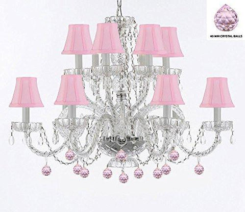 Murano Venetian Style All Empress Crystal (Tm) Chandelier With Pink Balls And Shades - A46-B76/Sc/Pinkshades/385/6+6