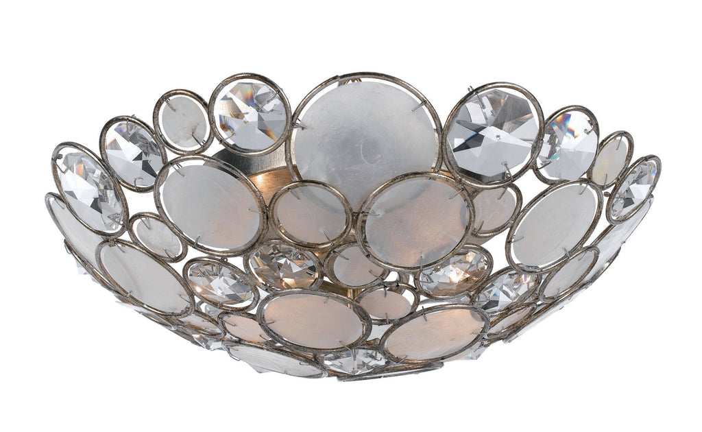 3 Light Antique Silver Coastal Ceiling Mount Draped In Natural White Capiz Shell + Hand Cut Crystal  - C193-524-SA