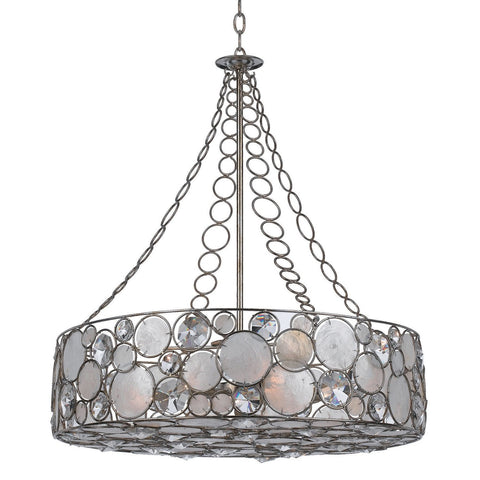 8 Light Antique Silver Coastal Chandelier Draped In Natural White Capiz Shell + Hand Cut Crystal  - C193-528-SA