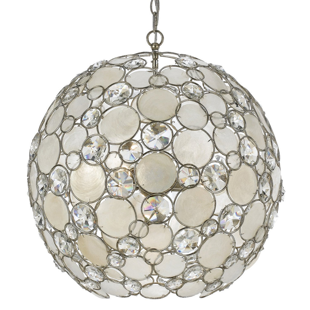 6 Light Antique Silver Coastal Chandelier Draped In Natural White Capiz Shell + Hand Cut Crystal  - C193-529-SA