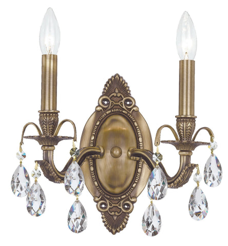 2 Light Antique Brass Crystal Sconce Draped In Clear Spectra Crystal - C193-5562-AB-CL-SAQ