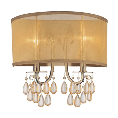 2 Light Antique Brass Transitional Sconce Draped In Etruscan Smooth Teardrop Almond Crystal - C193-5622-AB