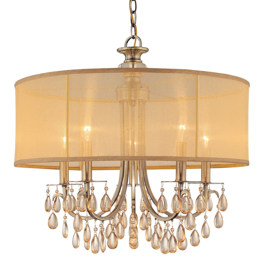 5 Light Antique Brass Transitional Chandelier Draped In Etruscan Smooth Teardrop Almond Crystal - C193-5625-AB
